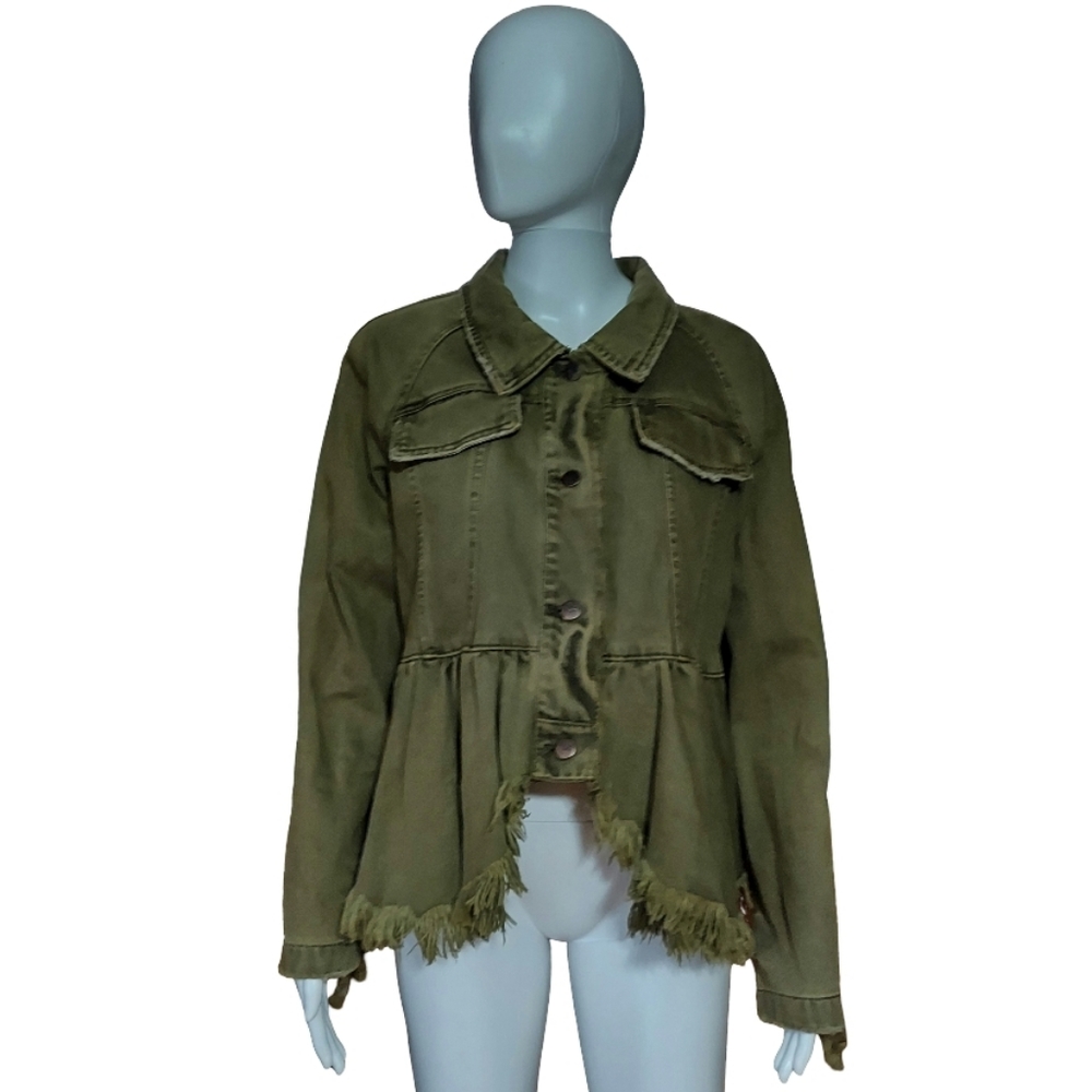 Free People Willow Frayed Hem Peplum Denim Jacket In Moss